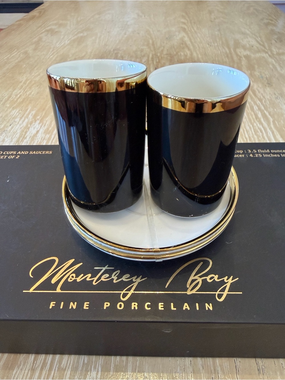 Monterey Bay Fine Porcelain Espresso Cups & Saucers - Set of 2, Restored Black